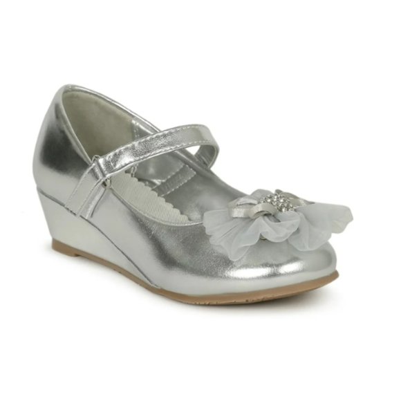 Little/ Big Girls Round Toe Rhinestone Chiffon Bow Mary Jane Wedge Pump -Silver - Picture 1 of 5